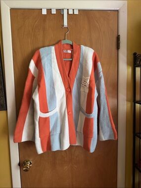 Soft Knit Striped Button-Front Cardigan in Coral, Light Blue & White